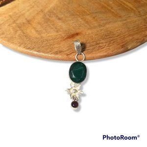 Green Raw Emerald Stone Pendant with Ruby Gem Sterling Silver